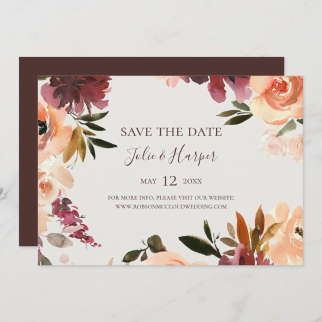 Save The Date Burgundy Orange Floral Beige horizontal (Devant / Derrière)