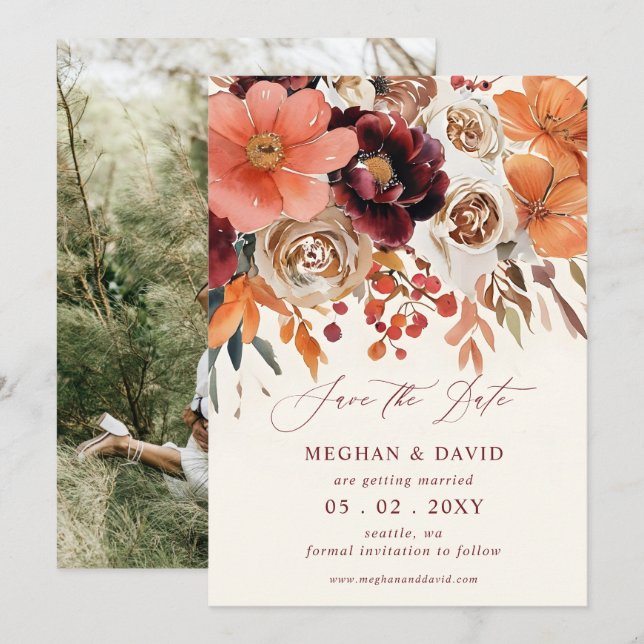 Save The Date Burgundy Orange Floral Fall Photo (Devant / Derrière)
