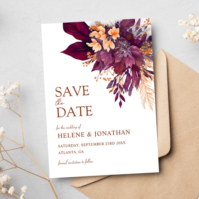 Save The Date Burgundy Orange Terracotta Floral Mariage élégant (Burgundy Orange Terracotta Floral Elegant Wedding Save The Date)