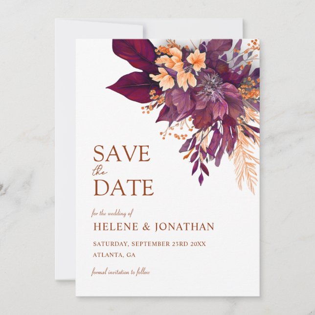 Save The Date Burgundy Orange Terracotta Floral Mariage élégant (Devant)