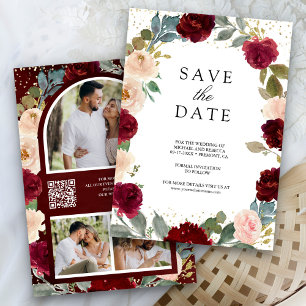 Save The Date Burgundy Peach Floral Photo QR Code Mariage