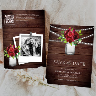 Save The Date Burgundy Red Floral Wood QR Code Mariage Photo