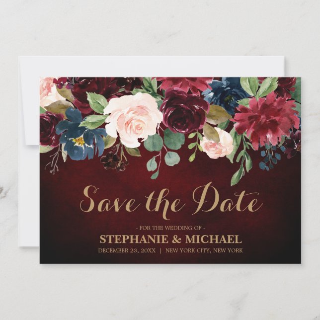 Save The Date Burgundy Red Navy Floral Rustic Boho Enregistrer l (Devant)