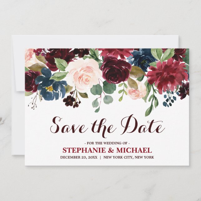 Save The Date Burgundy Red Navy Floral Rustic Boho Enregistrer l (Devant)