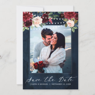 Save The Date Burgundy Red Navy Floral Rustic Boho Photo