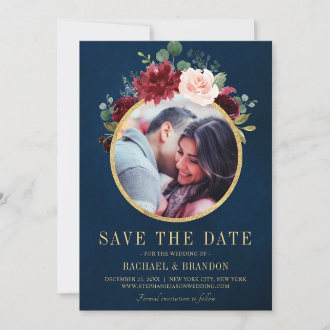 Save The Date Burgundy Red Navy Floral Rustic Boho Photo (Devant)