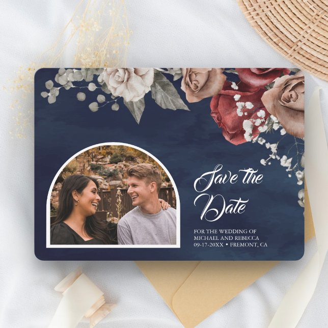 Save The Date Burgundy Red Roses Floral Navy Blue Wedding Photo (Créateur téléchargé)