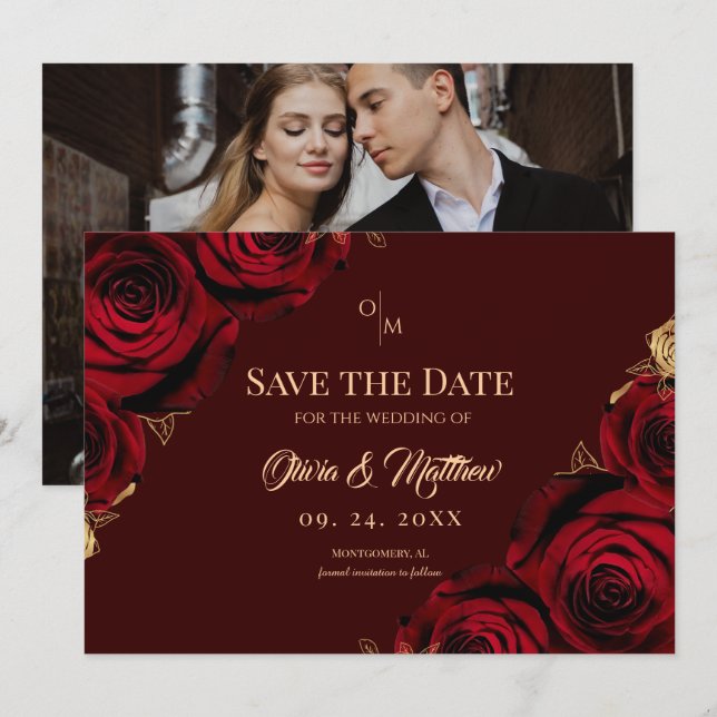 Save The Date  Burgundy Roses Floral Marsala Wedding (Devant / Derrière)