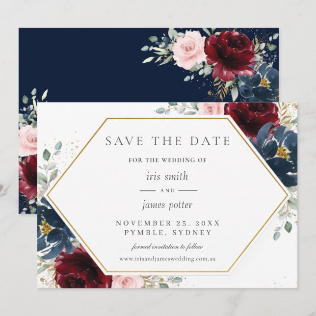 Save The Date Burgundy Rouge Bleu Bleu Floral Mariage (Devant / Derrière)