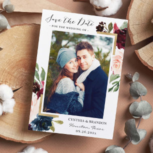 Save The Date Burgundy Rouge Blush Blue Floral Gold Photo