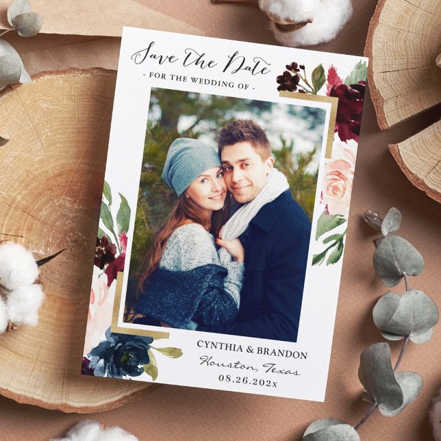 Save The Date Burgundy Rouge Blush Blue Floral Gold Photo (Créateur téléchargé)