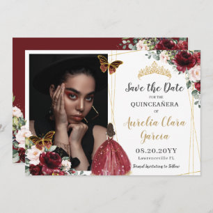 Save The Date Burgundy Rouge Blush rose Floral Quinceañera Photo