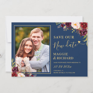 Save The Date Burgundy Rouge Floral Marine Mariage Bleu reporté