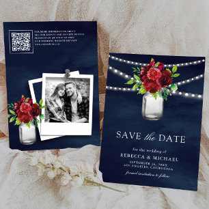 Save The Date Burgundy Rouge Floral Navy Code QR Photo de mariag