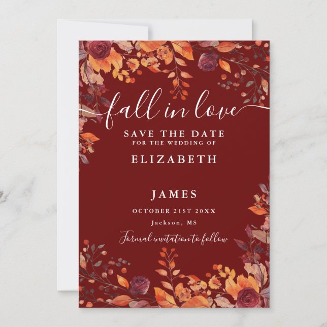 Save The Date Burgundy Rustic Fall Autumnal Floral Wedding (Devant)