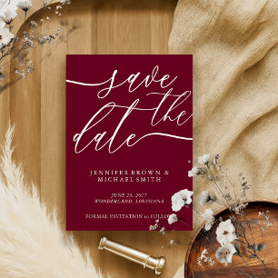 Save The Date Burgundy Script Mariage Photo personnalisée Callig
