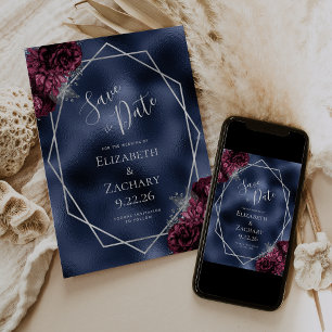 Save The Date Burgundy Silver Floral Geo Navy Foil Enregistrer l