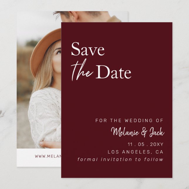 Save The Date Burgundy Simple Calligraphie Photo Enregistrer La  (Devant / Derrière)