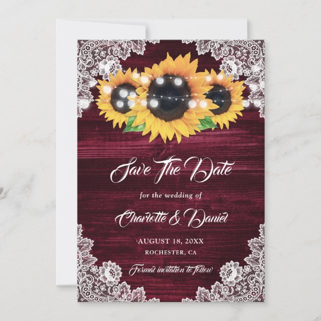 Save The Date Burgundy Sunflower String Lights Floral Lace Wood (Devant)