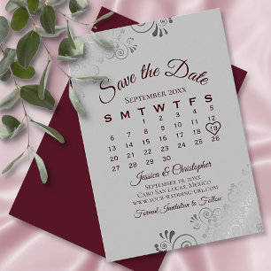 Save The Date Burgundy sur Grey Silver Lace Calendrier Mariage