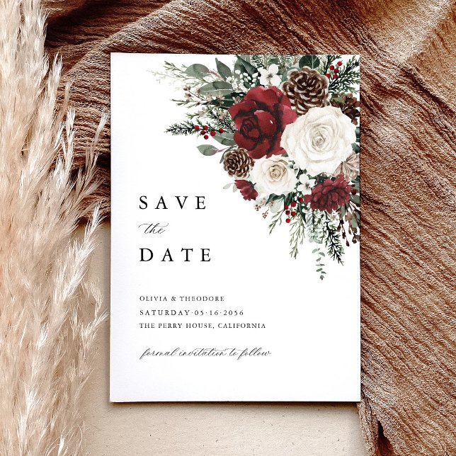 Save The Date Burgundy Winter Floral Elegant Wedding (Burgundy winter floral save the date card pinecone ivory rustic elegant wedding announcement)