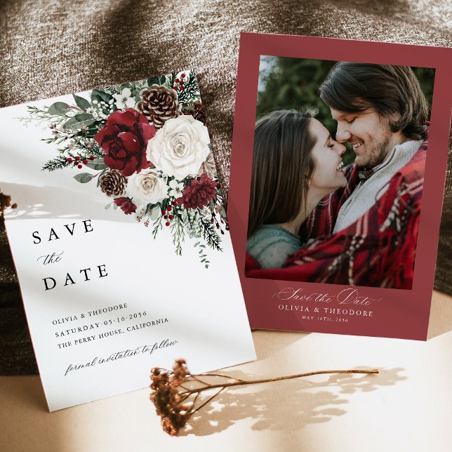 Save The Date Burgundy Winter Floral Photo Back Wedding (Burgundy winter floral photo save the date card, rustic elegant watercolor wedding announcement)