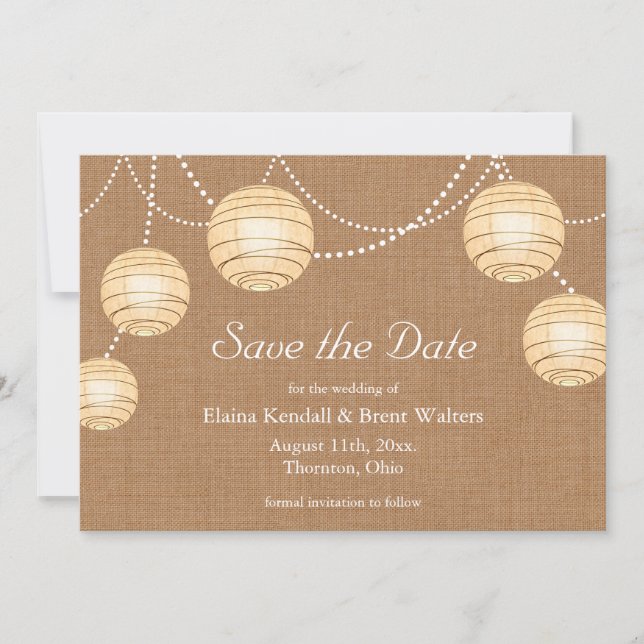 Save The Date Burlap Party Lanterns Enregistrer la date Invitati (Devant)