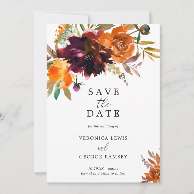Save The Date Burnt Orange Fall Floral Rustique Elégant Mariage (Devant)