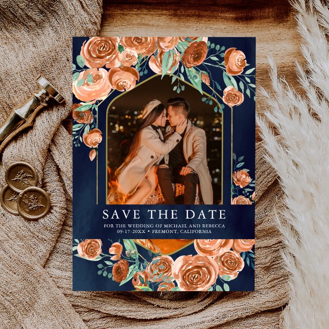 Save The Date Burnt Orange Rose Terracotta Floral Navy Wedding (Créateur téléchargé)