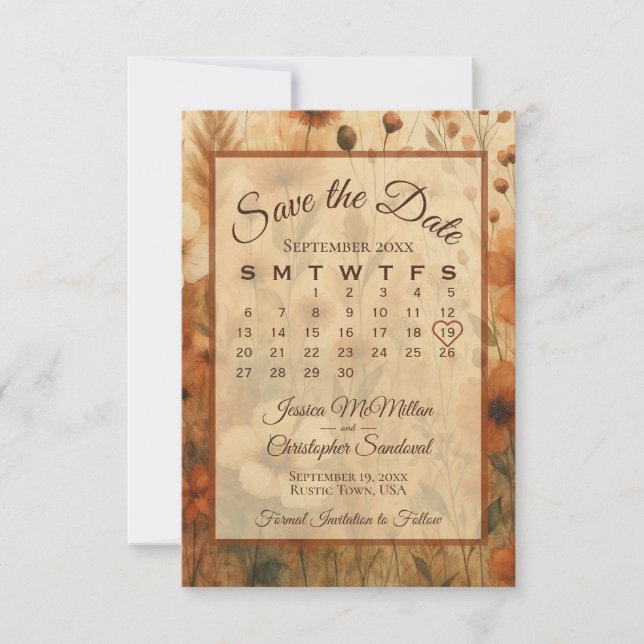 Save The Date Burnt Sienna Boho Chic Flowers Calendar Wedding (Devant)