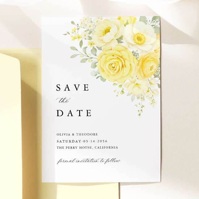 Save The Date Butter Yellow Ivory Floral Wedding (butter yellow ivory floral save the date, yellow rose save the date card elegant wedding stationery)