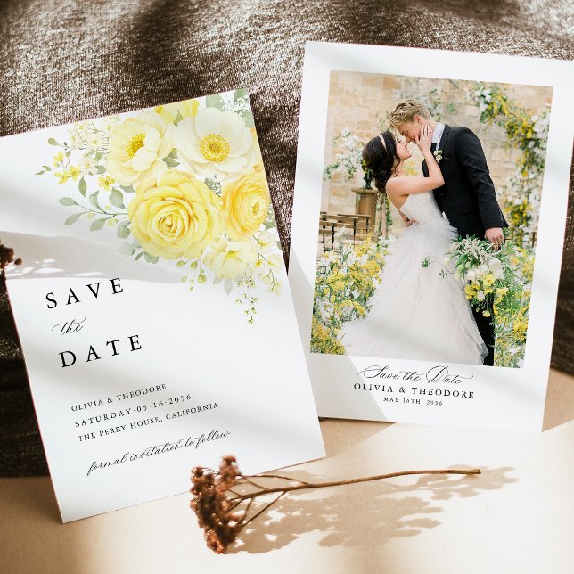 Save The Date Butter Yellow Ivory Floral Wedding Photo (butter yellow photo save the date, yellow cream ivory floral wedding announcement with photo)