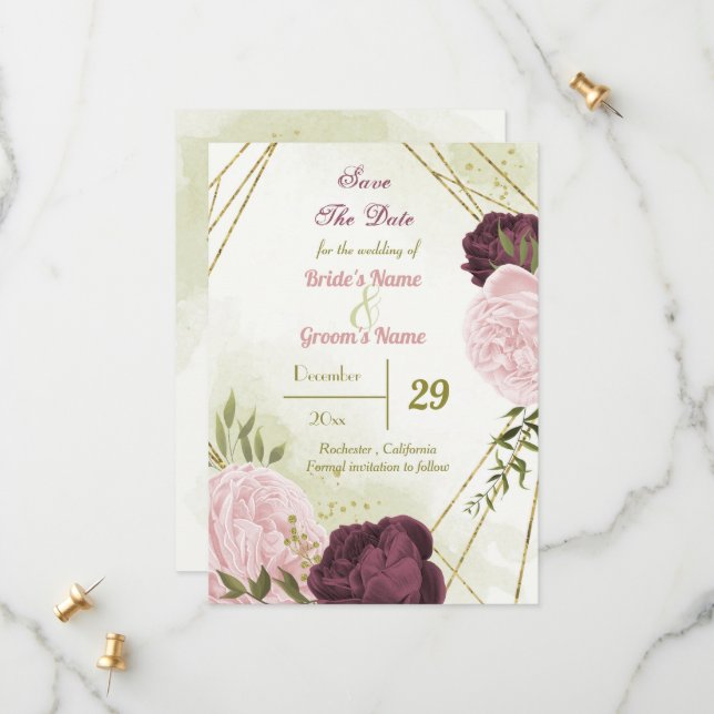 Save The Date cabernet rose fleurs vert feuilles (Devant/Arrière en situation)