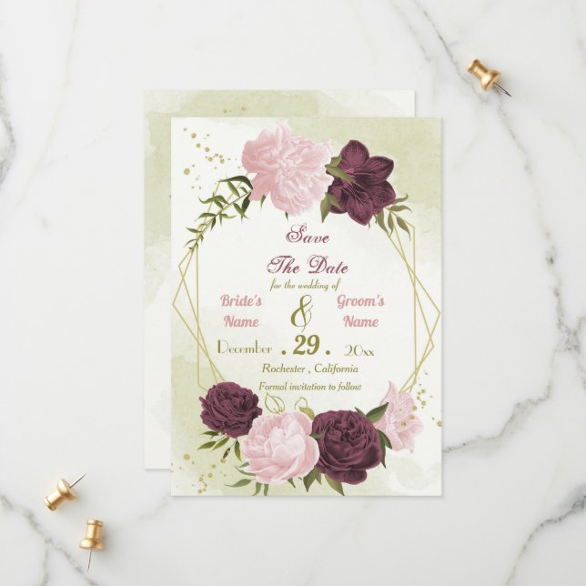 Save The Date cabernet rose fleurs vert feuilles (Devant/Arrière en situation)