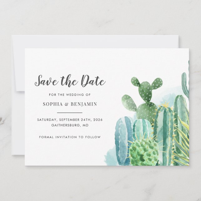Save The Date Cactus botaniques Aquarelle Mariage Succulent (Devant)