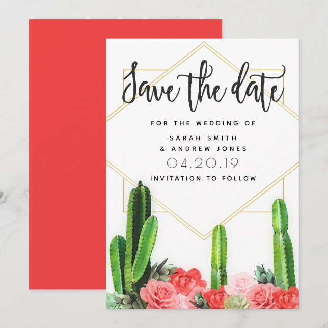 Save The Date Cactus modernes, Succulent et Floral Enregistrer l (Devant / Derrière)