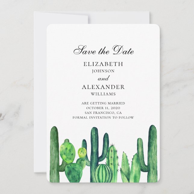 Save The Date Cactus vert sauvegarde la date. Mariage d'été cact (Devant)