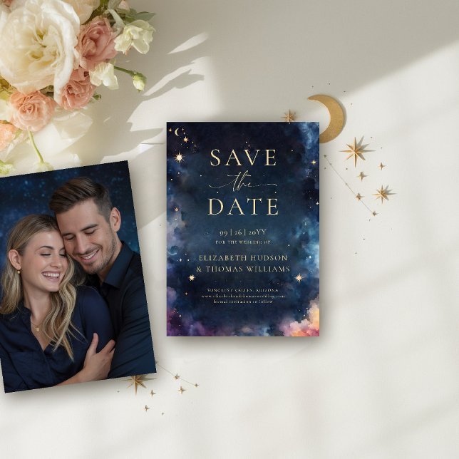 Save The Date Cadeau céleste Midnight Blue Wedding Enregistrer l (celestial wedding save the date photo template watercolor starry night midnight night sky galaxy)