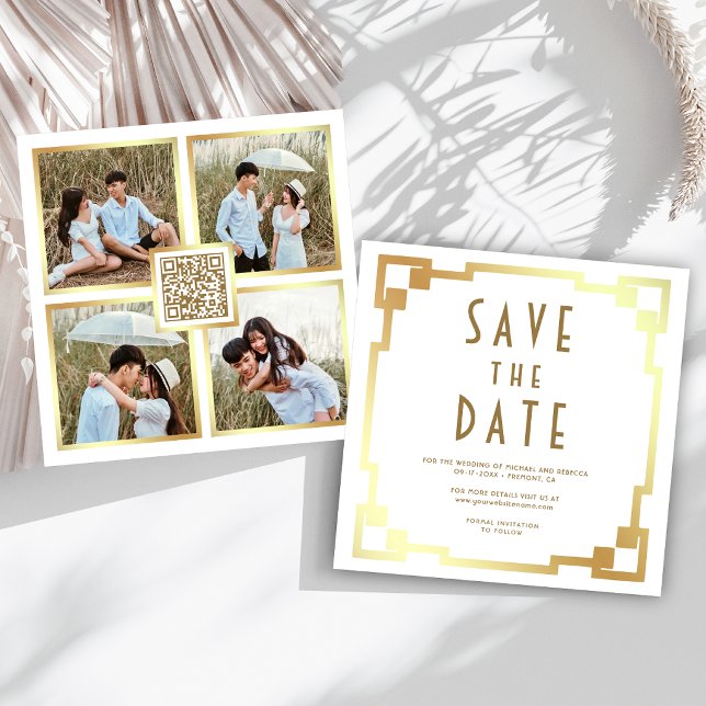 Save The Date Cadre Art Déco Blanc Or Mariage Code QR (Créateur téléchargé)