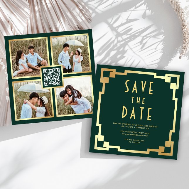 Save The Date Cadre Art Déco Carré Or Émeraude Code QR Mariage (Créateur téléchargé)