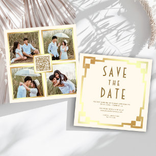 Save The Date Cadre Art Déco Crème Or Code QR Mariage