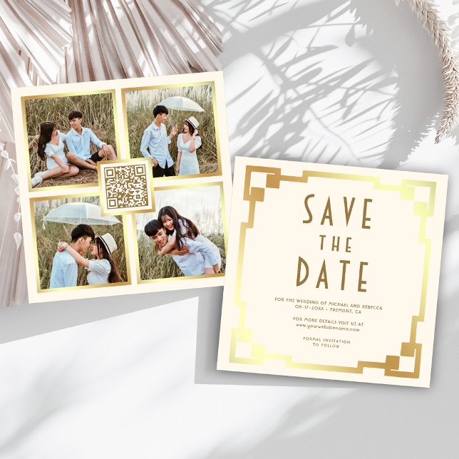 Save The Date Cadre Art Déco Crème Or Code QR Mariage (Créateur téléchargé)