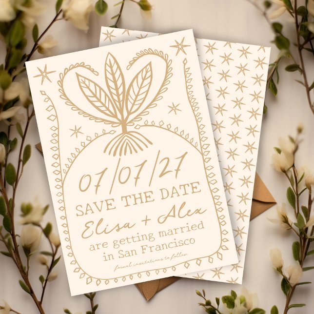 Save The Date Cadre bohème fantaisiste Élégant ENREGISTREZ LA DA (Whimsical Boho Frame Elegant SAVE THE DATE CUSTOM
botanical stars cream beige gold)