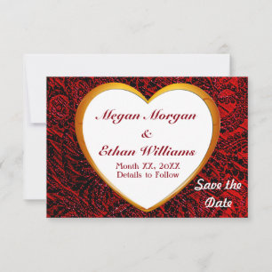 Save The Date Cadre Coeur Or et tissu Rouge Motif Couple