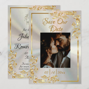 Save The Date Cadre coeur, photo et or sur perle blanche