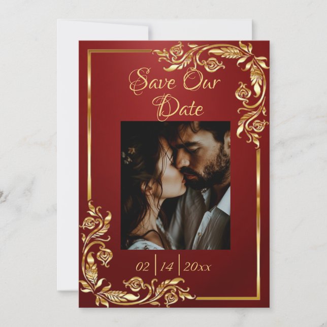Save The Date Cadre coeur, photo et or sur Ruby Red (Devant)