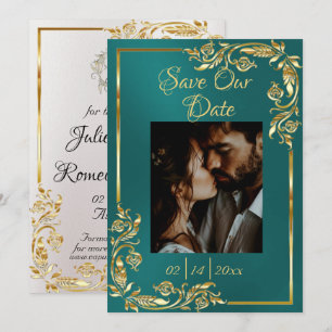 Save The Date Cadre coeur, photo et or sur Turquoise