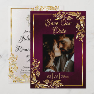 Save The Date Cadre coeur, photo et or sur violet foncé