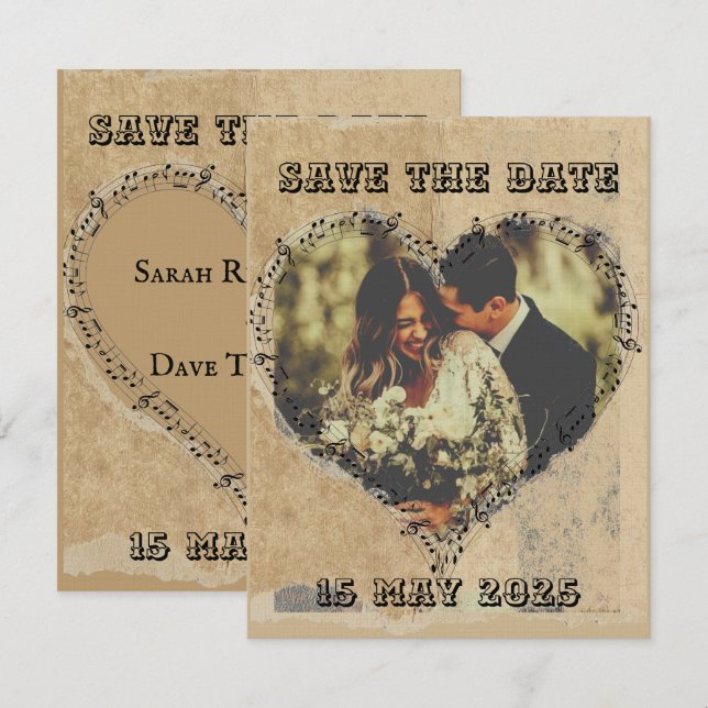 Save The Date Cadre de cœur avec notes de musique et écriture ru (Devant / Derrière)