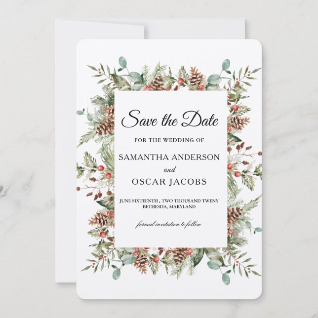 Save The Date Cadre de cône de pin Kraft vert d'hiver (Devant)